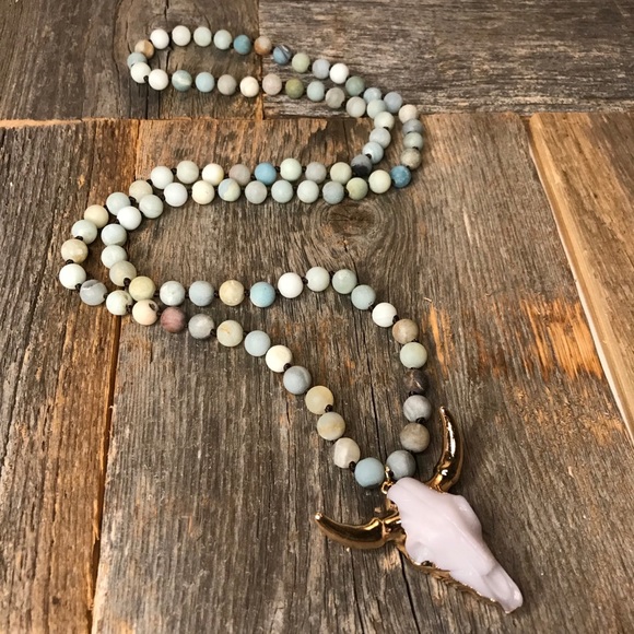 Natural Amazonite Stone Skull Bohemian Necklace - Picture 2 of 6